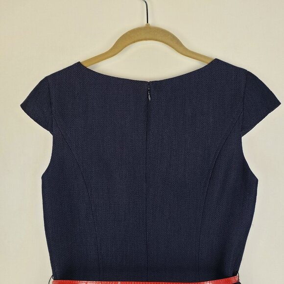 Jones Studio Cap Sleeve Swing Dress Navy Blue Woven Burlap A-Line Retro Size 4 - Picture 6 of 10
